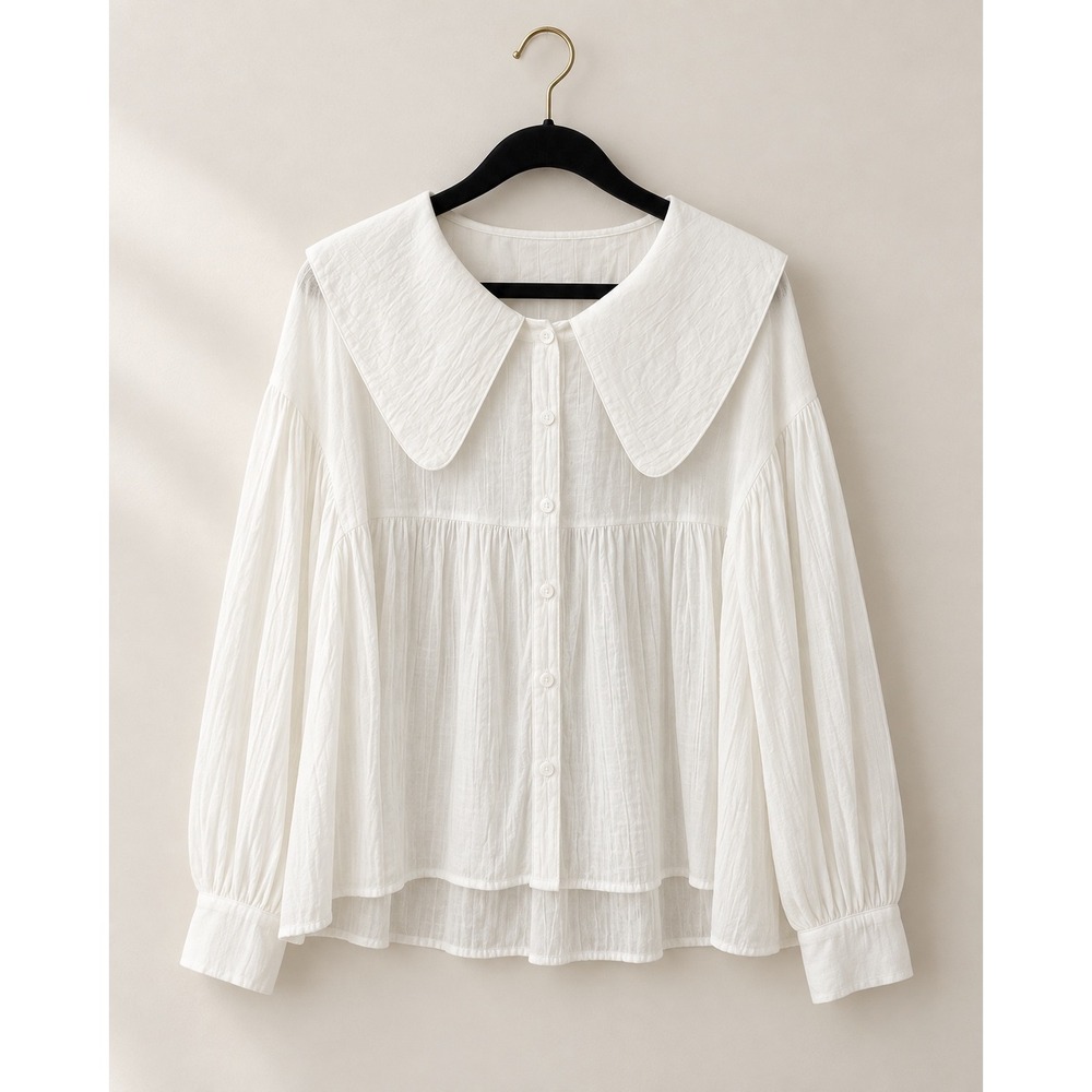 Peter Pan Collar Babydoll Blouse Prairie vintage romantic soft style white S - Picture 3 of 7